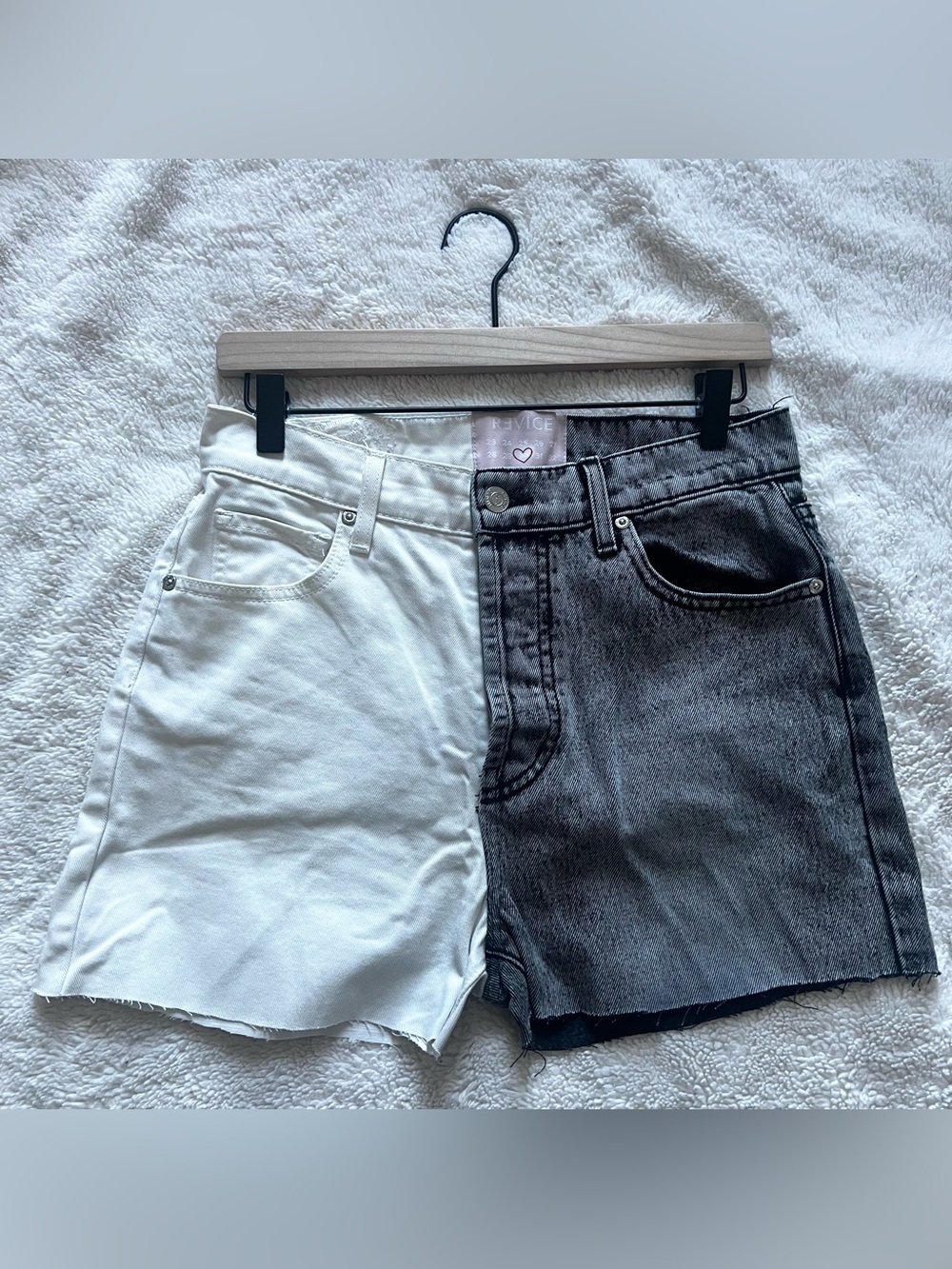 REVICE Two-Tone Split Hem Jean Shorts in White and Washed Black